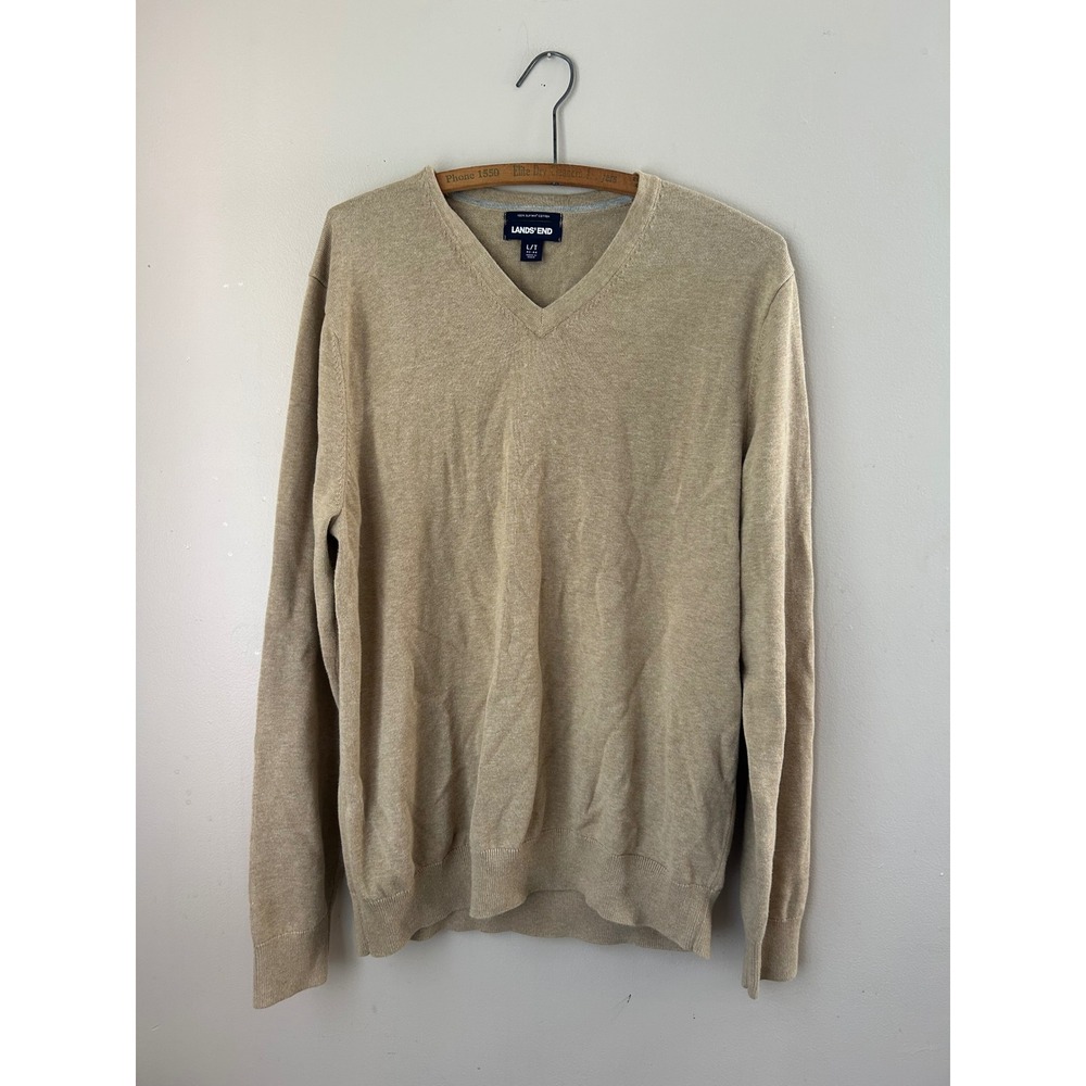 Lands' End Men's L/T V-Neck Sweater 100% Supima Cotton Tan Beige‎ Long Sleeve